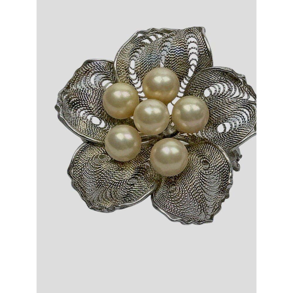 Vintage Flower Brooch Pin Silver Faux Pearls 1.8" x 1.8"